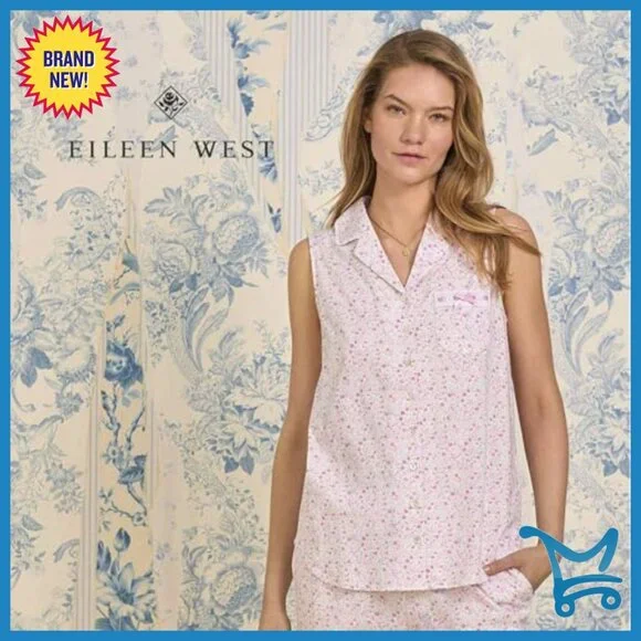 Large 100% Cotton Sleeveless Pajama Set with Capri Pants and Pocket